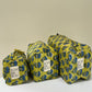 Set de 3 bolsas Amarillo lima con flores azules