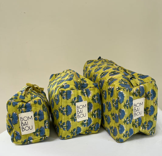 Set de 3 bolsas Amarillo lima con flores azules