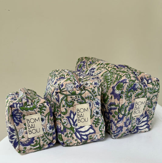 Set de 3 bolsas Beige con verde y morado
