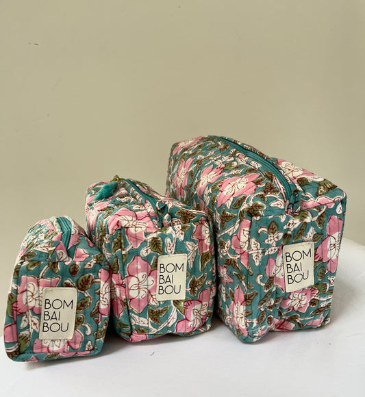 Set de 3 bolsas Azul con flores rosa estrella