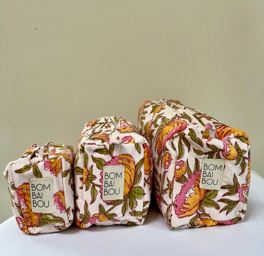 Set de 3 bolsas Beige con flores amarillo y rosa